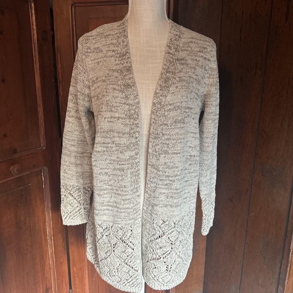 J Jill Knit Open Front Cardigan Sweater Womens Medium Petite Marbled Lace Detail